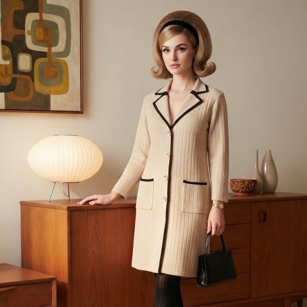 Vintage Sweater Dress Womens Large Tan Black Trim Knit Mod Retro Secretary Work